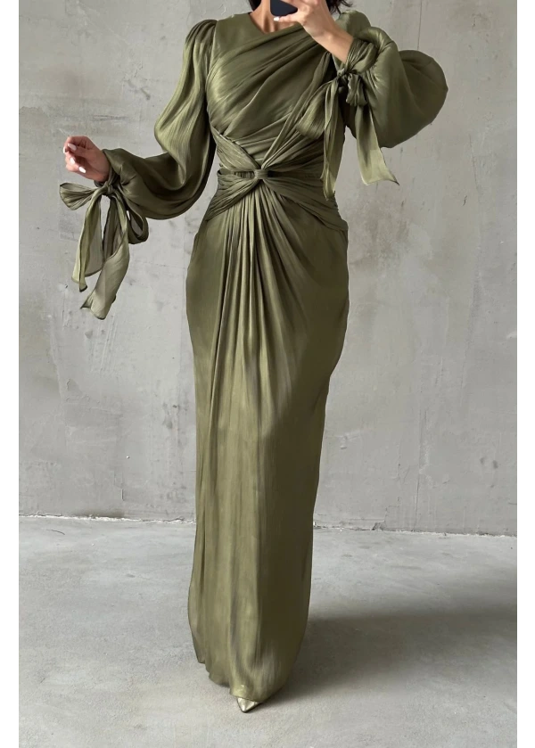  Hera Zarif Tasarım Drape Detaylı Abiye Haki