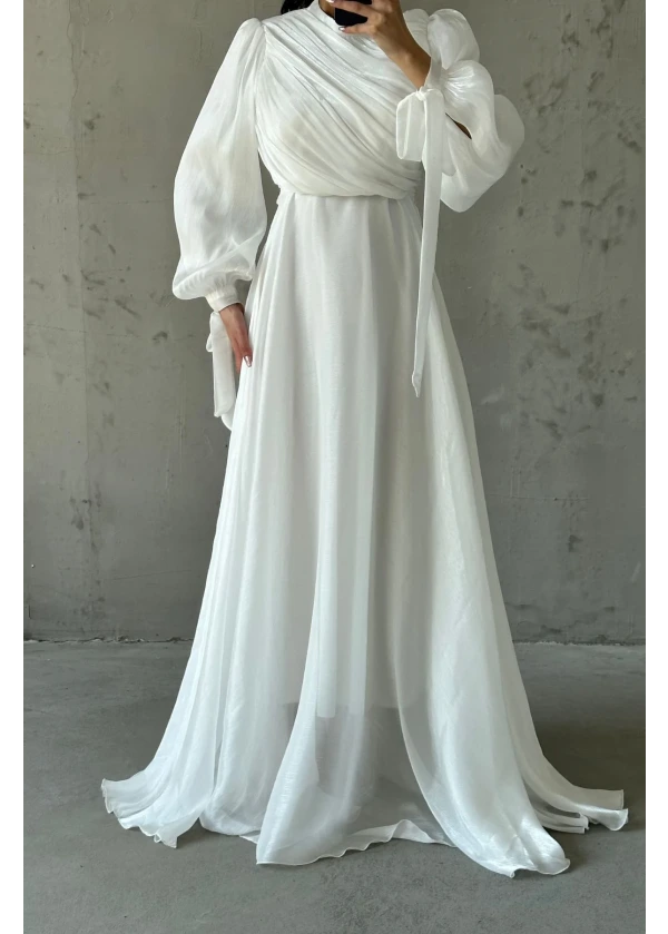 Hera Drapeli Kuşak Detaylı Janjan Kumaş Abiye Ekru