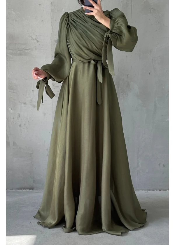  Hera Drapeli Kuşak Detaylı Janjan Kumaş Abiye Haki