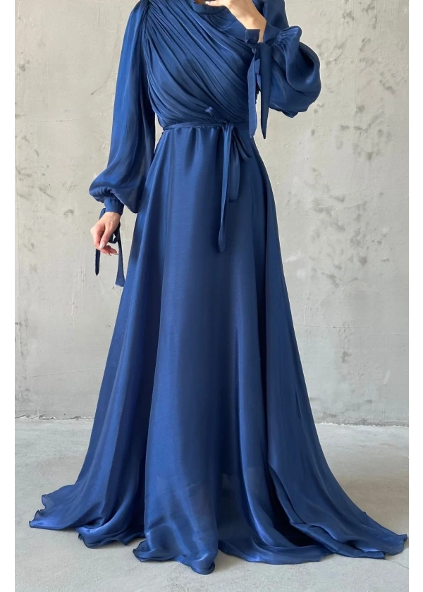  Hera Drapeli Kuşak Detaylı Janjan Kumaş Abiye Lacivert