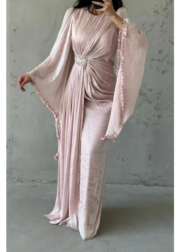 Hera Işıltılı Kol Detaylı Janjan Abiye Pudra