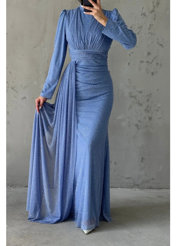 Afrodit Pırıltılı Taş İşlemeli Abiye İndigo