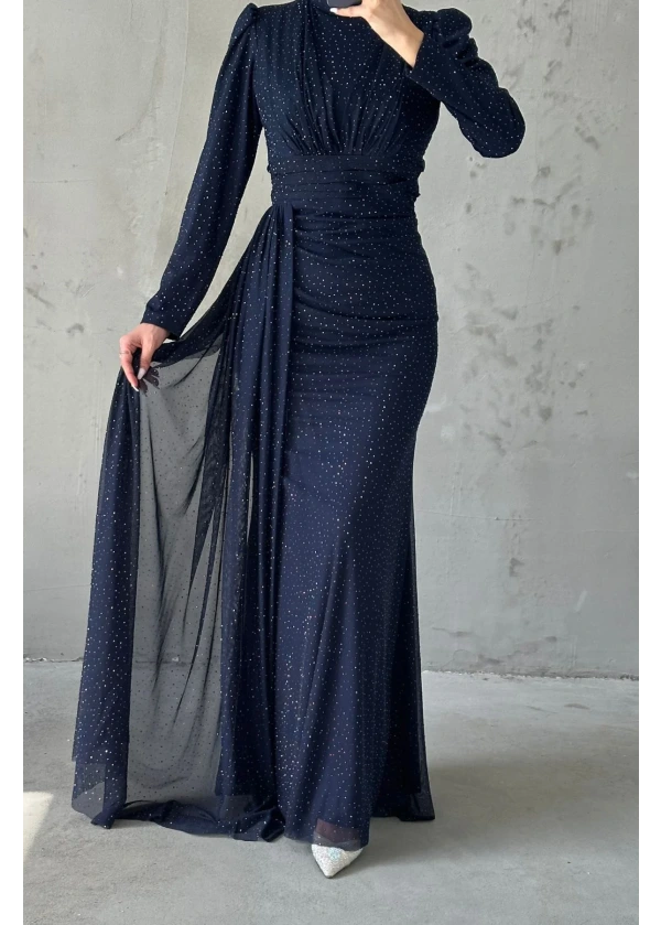 Afrodit Pırıltılı Taş İşlemeli Abiye Lacivert 