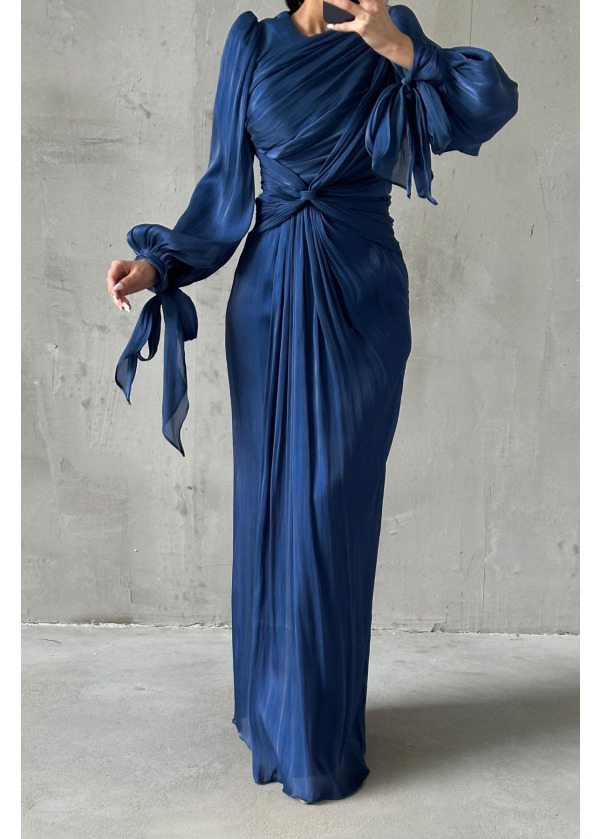 Hera Zarif Tasarım Drape Detaylı Abiye Lacivert