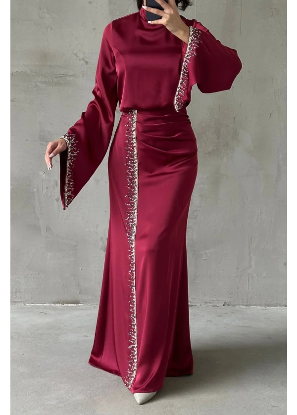 Lissa Dökümlü Kol Işıltılı İşlemeli Saten Abiye Bordo