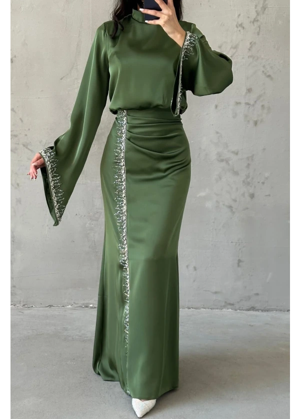 Lissa Dökümlü Kol Işıltılı İşlemeli Saten Abiye Haki