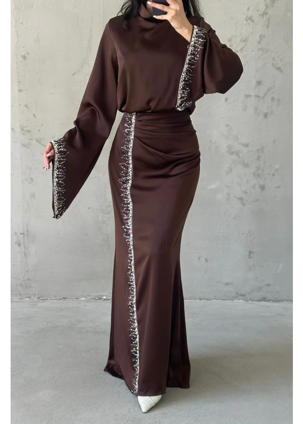 Lissa Dökümlü Kol Işıltılı İşlemeli Saten Abiye Kahve