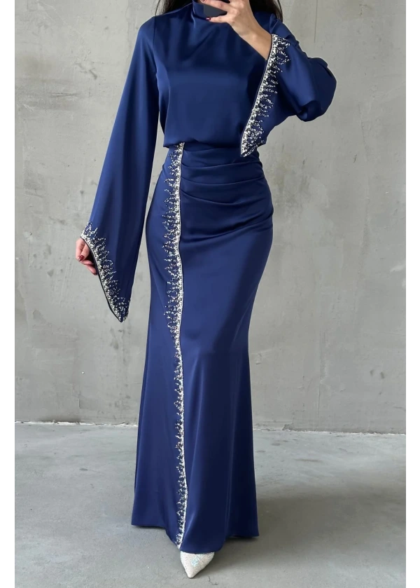 Lissa Dökümlü Kol Işıltılı İşlemeli Saten Abiye Lacivert