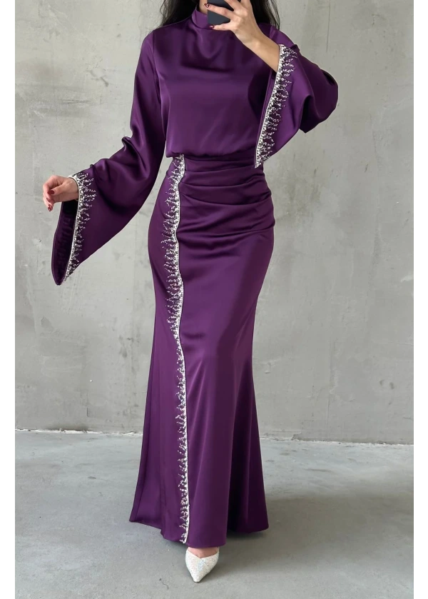 Lissa Dökümlü Kol Işıltılı İşlemeli Saten Abiye Mor