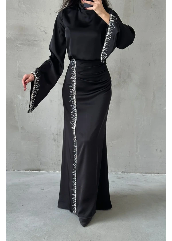 Lissa Dökümlü Kol Işıltılı İşlemeli Saten Abiye Siyah