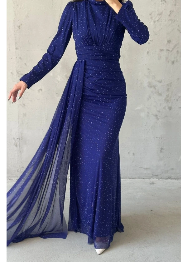  Afrodit Pırıltılı Taş İşlemeli Abiye Saks