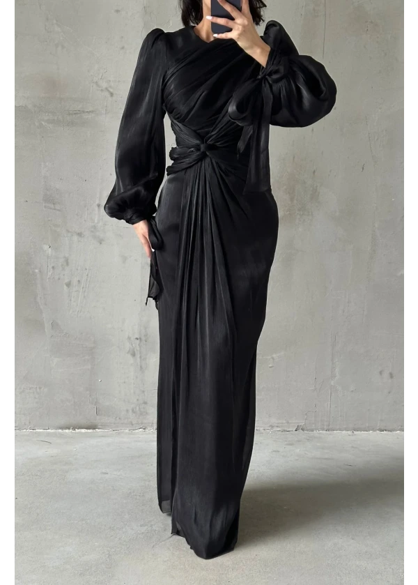 Hera Zarif Tasarım Drape Detaylı Abiye Siyah