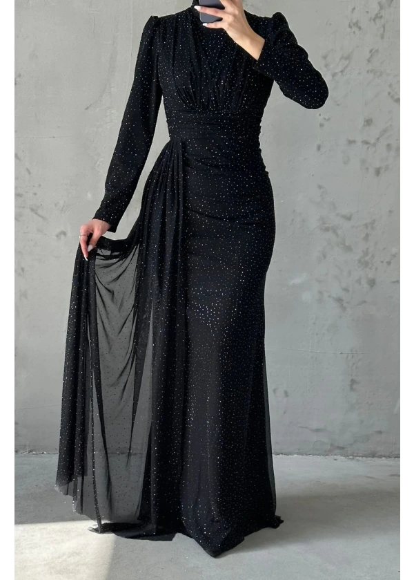 Afrodit Pırıltılı Taş İşlemeli Abiye Siyah