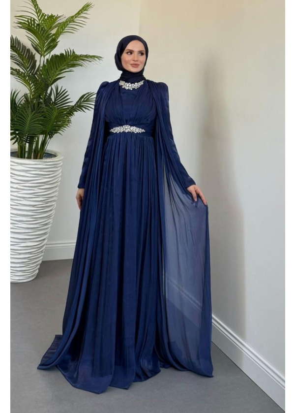 Solea Kolları Pelerinli Taşlı Abiye Lacivert