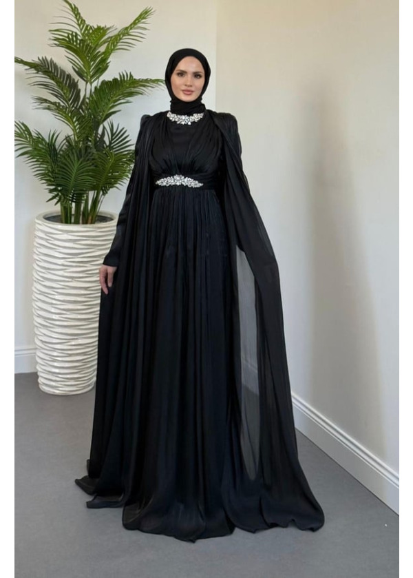 Solea Kolları Pelerinli Taşlı Abiye Siyah